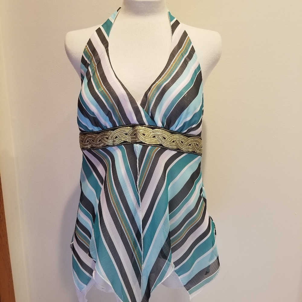 Cache Metallic Sheer Lined Halter Top Size 10 EUC